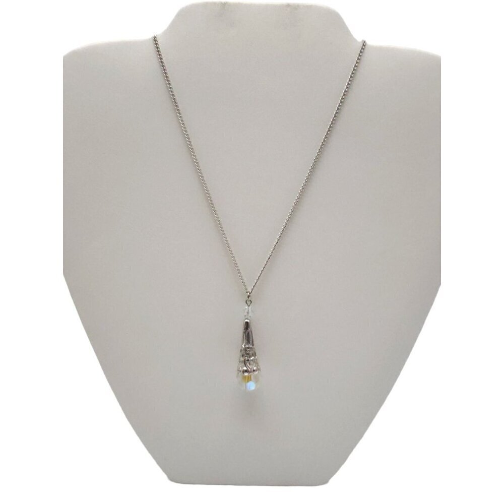 Crystal Teardrop Pendant Chain Necklace Spring Ring Closure Silver Tone Vintage